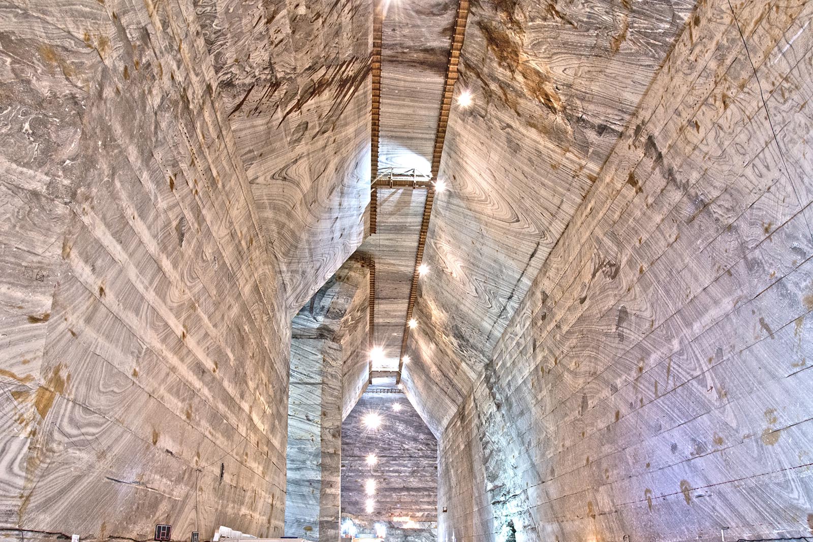 Isoclinally folded, colour-banded halite in the Slănic Prahova salt mine.